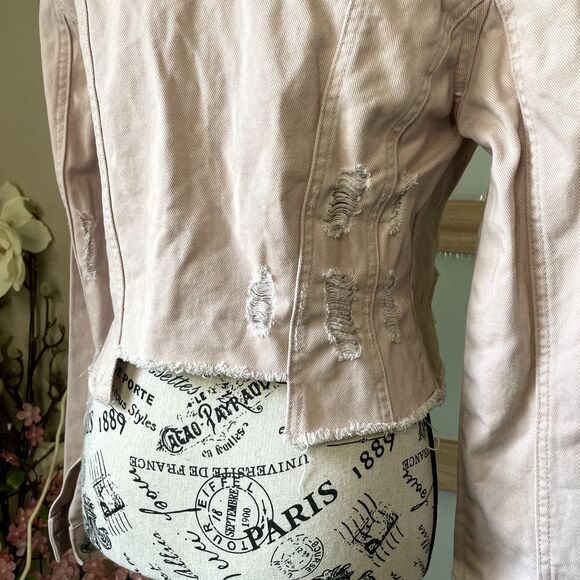 Jessica Simpson Denim Distressed Cropped Jean Jacket Rose Women Size Medium - Picture 13 of 14